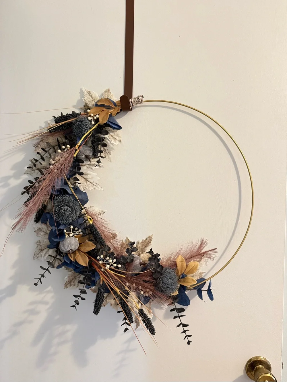 20” Gold Hoop Faux Floral Fall Wreath Navy Blush Mustard Velvet Pumpkins